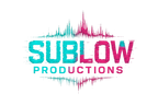 Cyberpunk-style SubLow Productions logo with glitch effects and electric colors