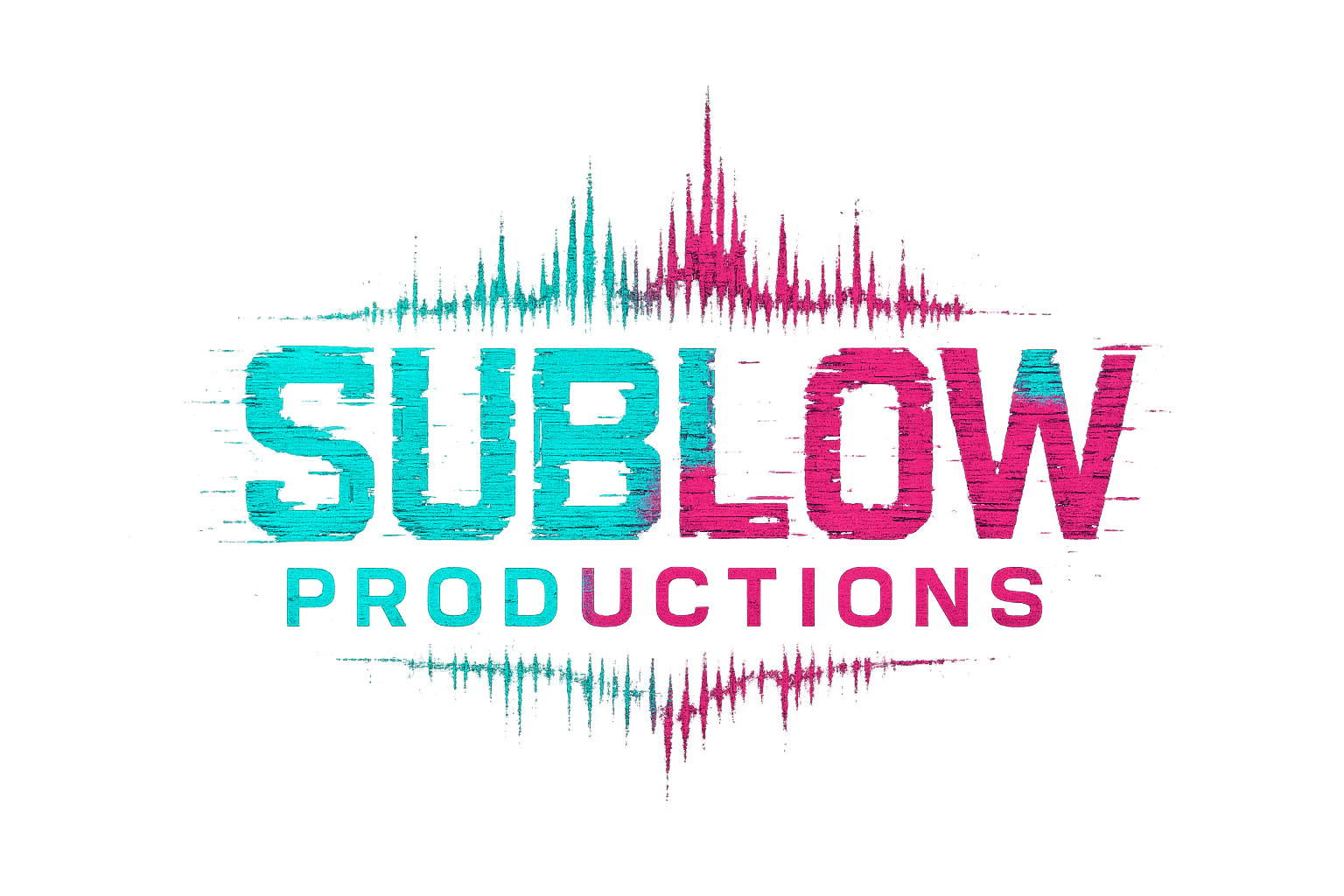 Cyberpunk-style SubLow Productions logo with glitch effects and electric colors